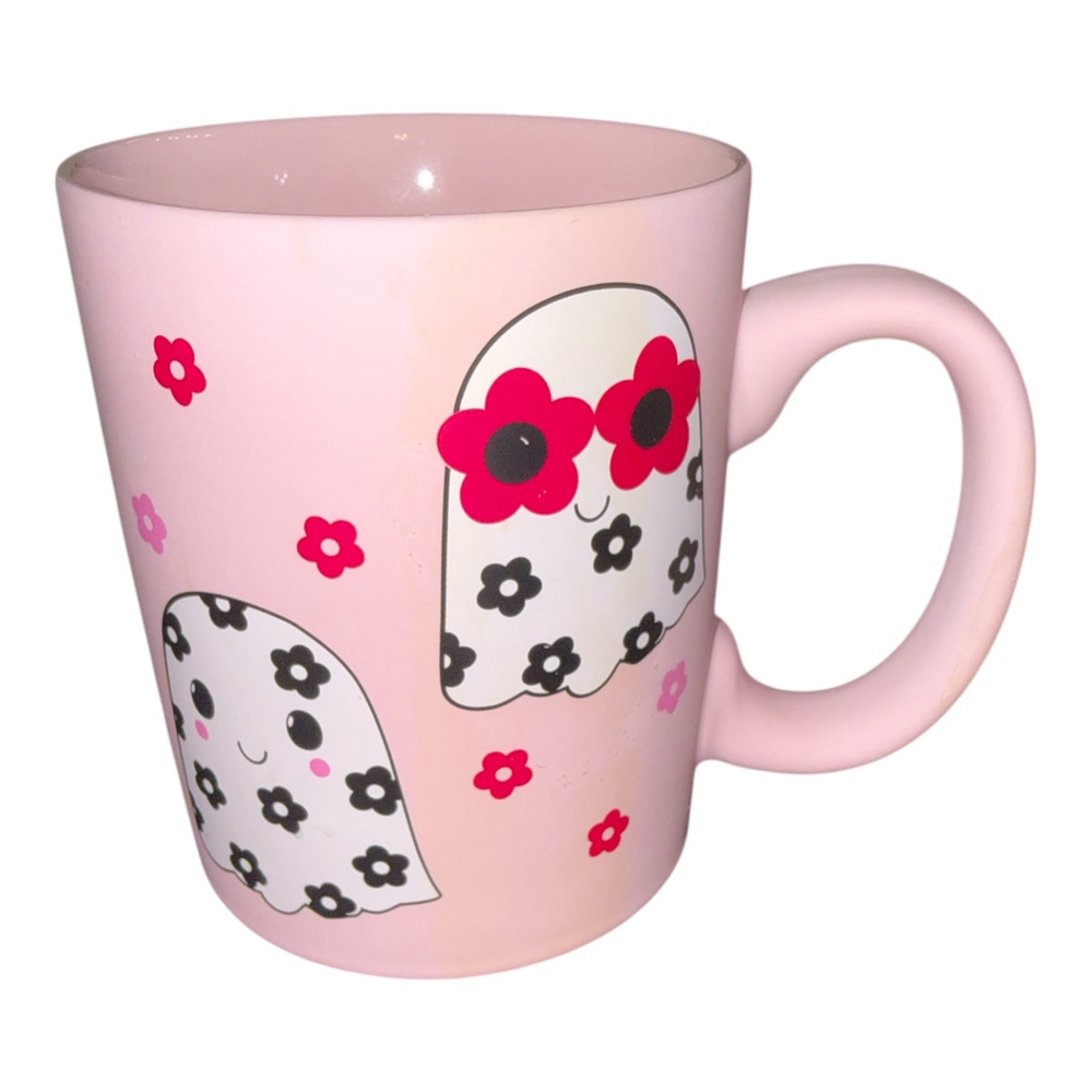 Pink Ceramic Mug with Floral ghost Design, 12 oz